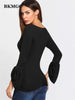 BKMGC Solid Black V Neck Petal Sleeves Sim Fit T Shirt For Women Autumn Wrap Over Design Top Office Lady Casual Sexy Clothing