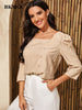 BKMGC Solid Champagne Khaki Autumn Women Blouse Loose Fit Waist Square Neck Backline Pullover Shirt Office Lady Dailywear #5013
