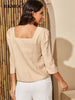 BKMGC Solid Champagne Khaki Autumn Women Blouse Loose Fit Waist Square Neck Backline Pullover Shirt Office Lady Dailywear #5013