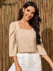 BKMGC Solid Champagne Khaki Autumn Women Blouse Loose Fit Waist Square Neck Backline Pullover Shirt Office Lady Dailywear #5013
