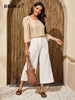 BKMGC Solid Champagne Khaki Autumn Women Blouse Loose Fit Waist Square Neck Backline Pullover Shirt Office Lady Dailywear #5013