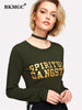 BKMGC Solid Deep Green O Neck Sleeves Sim Fit T Shirt For Women Autumn Yellow Letter Words Print Top Casual Streewear Clothing