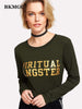 BKMGC Solid Deep Green O Neck Sleeves Sim Fit T Shirt For Women Autumn Yellow Letter Words Print Top Casual Streewear Clothing