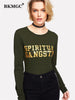 BKMGC Solid Deep Green O Neck Sleeves Sim Fit T Shirt For Women Autumn Yellow Letter Words Print Top Casual Streewear Clothing