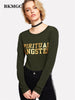 BKMGC Solid Deep Green O Neck Sleeves Sim Fit T Shirt For Women Autumn Yellow Letter Words Print Top Casual Streewear Clothing