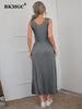 BKMGC Solid Grey Black Khaki Scoop Neck Front Single-breasted Skirt Slim Fitting Casual Long Maxi Vest Dresses for Women 6255