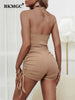BKMGC Solid Khaki Light Brown Tan Sexy Halter Backless Jumpsuit Drawstring Side Shorts Bodycon for Women Casual Outfits