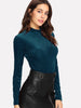 BKMGC Solid Ocean Blue 2023 Autumn Vertical Strips Mock Neck Midium Strecth Pullover Bodysuit Jumpsuit for Women Long Sleeve