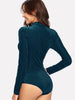 BKMGC Solid Ocean Blue 2023 Autumn Vertical Strips Mock Neck Midium Strecth Pullover Bodysuit Jumpsuit for Women Long Sleeve