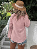 BKMGC Solid Pink Light Blue Brown White Long Lantern Sleeve V Neck Spring Autumn Serie Lace Hollow Chiffon Shirt For Women 2515