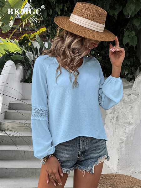BKMGC Solid Pink Light Blue Brown White Long Lantern Sleeve V Neck Spring Autumn Serie Lace Hollow Chiffon Shirt For Women 2515