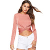 BKMGC Solid Pink O-Neck Long Sleeves Hollow Tie Cross Knot Design Sim Fit T Shirt For Women Autumn Top Casual Sexy Clothing 6836