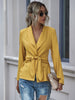 BKMGC Solid Yellow Elegant Blazer Jacket Suite for Women Spring Autumn V-neck Tie Knot Waist Coat Office Lady Daily Clothing