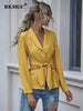 BKMGC Solid Yellow Elegant Blazer Jacket Suite for Women Spring Autumn V-neck Tie Knot Waist Coat Office Lady Daily Clothing
