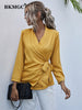 BKMGC Solid Yellow Elegant Casual Blazer Women Jacket Autumn V-neck Wrap Over Tops Tie Knot Waist Suit Coat Office Lady Outfits