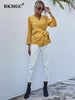 BKMGC Solid Yellow Elegant Casual Blazer Women Jacket Autumn V-neck Wrap Over Tops Tie Knot Waist Suit Coat Office Lady Outfits