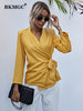 BKMGC Solid Yellow Elegant Casual Blazer Women Jacket Autumn V-neck Wrap Over Tops Tie Knot Waist Suit Coat Office Lady Outfits