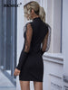 BKMGC Stars Print See-through Lace Chiffon Long Sleeve Mock Neck Pullover Sexy Autumn Black Bodycon Mini Dress for Women #5085