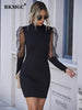 BKMGC Stars Print See-through Lace Chiffon Long Sleeve Mock Neck Pullover Sexy Autumn Black Bodycon Mini Dress for Women #5085