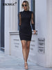 BKMGC Stars Print See-through Lace Chiffon Long Sleeve Mock Neck Pullover Sexy Autumn Black Bodycon Mini Dress for Women #5085