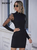 BKMGC Stars Print See-through Lace Chiffon Long Sleeve Mock Neck Pullover Sexy Autumn Black Bodycon Mini Dress for Women #5085