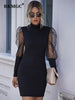 BKMGC Stars Print See-through Lace Chiffon Long Sleeve Mock Neck Pullover Sexy Autumn Black Bodycon Mini Dress for Women #5085