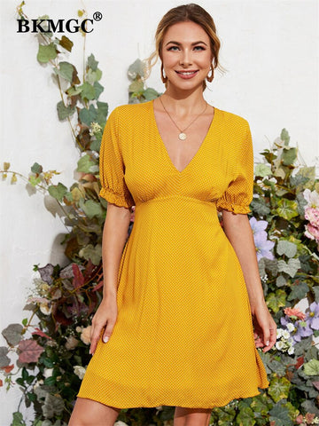 BKMGC Summer 2023 Printed Yellow Black V-neck Bubble Sleeve High Waist A-Line Casual Sexy Mini Dress Beachwear for Women 5033