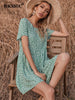 BKMGC Summer Printed Dress Women 2023  Sweet Big Swing Round Neck Loose Bohemian Vintage Mini Red Dress Casual 6256