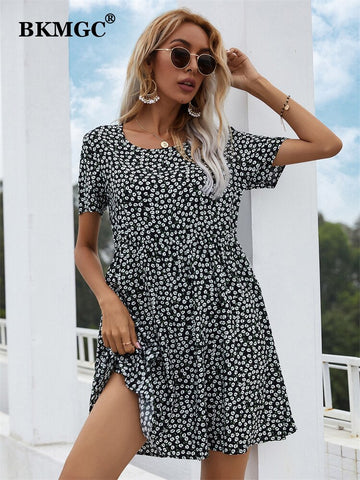 BKMGC Summer Printed Dress Women 2023  Sweet Big Swing Round Neck Loose Bohemian Vintage Mini Red Dress Casual 6256
