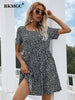 BKMGC Summer Printed Dress Women 2023  Sweet Big Swing Round Neck Loose Bohemian Vintage Mini Red Dress Casual 6256
