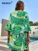 BKMGC Sunscreen Chiffon Blouse Green leaf Printed Beach Blouse Holiday Sexy Sunscreen Clothing Cardigan Long Swimsuit 2770