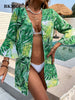 BKMGC Sunscreen Chiffon Blouse Green leaf Printed Beach Blouse Holiday Sexy Sunscreen Clothing Cardigan Long Swimsuit 2770