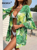 BKMGC Sunscreen Chiffon Blouse Green leaf Printed Beach Blouse Holiday Sexy Sunscreen Clothing Cardigan Long Swimsuit 2770