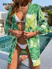 BKMGC Sunscreen Chiffon Blouse Green leaf Printed Beach Blouse Holiday Sexy Sunscreen Clothing Cardigan Long Swimsuit 2770
