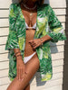 BKMGC Sunscreen Chiffon Blouse Green leaf Printed Beach Blouse Holiday Sexy Sunscreen Clothing Cardigan Long Swimsuit 2770