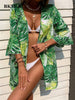 BKMGC Sunscreen Chiffon Blouse Green leaf Printed Beach Blouse Holiday Sexy Sunscreen Clothing Cardigan Long Swimsuit 2770