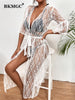 BKMGC Sunscreen Women Cardigan White Lace Seaside Holiday Jacket Bikini Half Transparent Blouse Beach Cover Up 2808