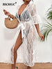 BKMGC Sunscreen Women Cardigan White Lace Seaside Holiday Jacket Bikini Half Transparent Blouse Beach Cover Up 2808