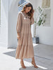 BKMGC Tiered Maxi Dress Champagne Tan Tie Neck Ascot Neckline Long Sleeve Ruffle Elegant Office Lady Autumn Dailywear Dresses