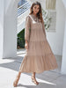 BKMGC Tiered Maxi Dress Champagne Tan Tie Neck Ascot Neckline Long Sleeve Ruffle Elegant Office Lady Autumn Dailywear Dresses
