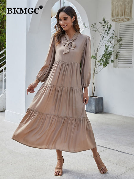 BKMGC Tiered Maxi Dress Champagne Tan Tie Neck Ascot Neckline Long Sleeve Ruffle Elegant Office Lady Autumn Dailywear Dresses