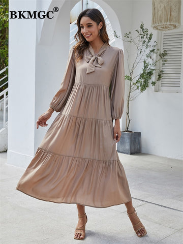 BKMGC Tiered Maxi Dress Champagne Tan Tie Neck Ascot Neckline Long Sleeve Ruffle Elegant Office Lady Autumn Dailywear Dresses