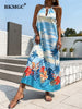 BKMGC Tropical Plant PalmTree Floral Printed Sleeveless Halter Hollowed Out Collar Women Long Maxi Dress Boho Summer Beachwear