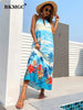 BKMGC Tropical Plant PalmTree Floral Printed Sleeveless Halter Hollowed Out Collar Women Long Maxi Dress Boho Summer Beachwear