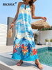 BKMGC Tropical Plant PalmTree Floral Printed Sleeveless Halter Hollowed Out Collar Women Long Maxi Dress Boho Summer Beachwear