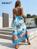 BKMGC Tropical Plant PalmTree Floral Printed Sleeveless Halter Hollowed Out Collar Women Long Maxi Dress Boho Summer Beachwear