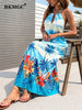 BKMGC Tropical Plant PalmTree Floral Printed Sleeveless Halter Hollowed Out Collar Women Long Maxi Dress Boho Summer Beachwear