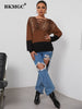 BKMGC Tshirt Crop Top Knitwear Long Sleeve Women Casual Loose T shirt Vintage Leopard Print Panel Contrast Loose Top Women 2172