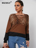BKMGC Tshirt Crop Top Knitwear Long Sleeve Women Casual Loose T shirt Vintage Leopard Print Panel Contrast Loose Top Women 2172