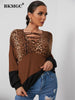 BKMGC Tshirt Crop Top Knitwear Long Sleeve Women Casual Loose T shirt Vintage Leopard Print Panel Contrast Loose Top Women 2172